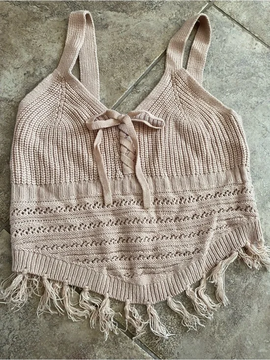 Fringe Tie Front Knit Crop Festival Party Top Red White and Beige size Small - Picture 3 of 8